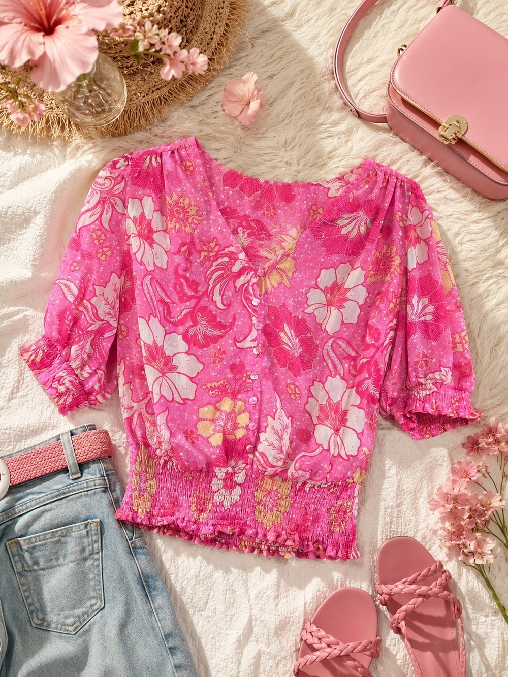 Joie Pink Floral Smocked-Hem Puff Sleeve Blouse Size Small